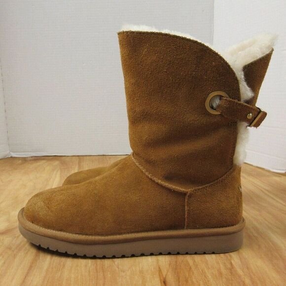 Koolaburra UGG Remley Short Chestnut Boots Sz 8 Slip On Suede Leather Fur Bootie - Picture 1 of 16